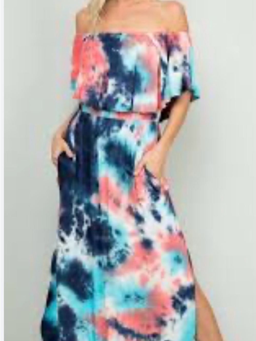 Off-Shoulder Tie-Dye Maxi Dress in Coral, Teal & Navy